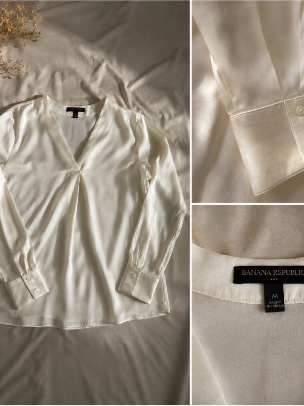Banana Republic Women's Ivory V-Neck Long Sleeve Blouse